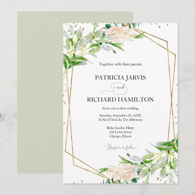 Moderne Elegante Grüne Geometrische Hochzeit Einladung (Vorne/Hinten)
