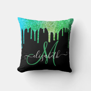 Moderne elegante grüne Glitter-Tropfen schwarzes M Kissen