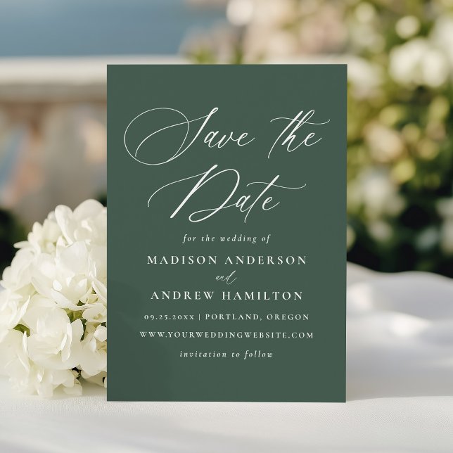 Moderne elegante grüne Hochzeit in Kalligrafie Save The Date (Von Creator hochgeladen)