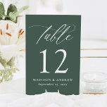 Moderne elegante grüne Hochzeit in Kalligrafie Tischnummer<br><div class="desc">Erleben Sie bei Ihrer Hochzeit eine atemberaubende und raffinierte Atmosphäre mit unseren eleganten Tischnummern-Karten, die auf einem dunkelgrünen Hintergrund mit exquisiter weißer Kalligrafie aufwarten. Dieses moderne Design bietet ein zeitloses, elegantes Aussehen, das für Hochzeiten in jeder Jahreszeit wunderschön wirkt, egal ob Sie eine Frühjahrsfeier oder eine Wintermärchensaison feiern. Personalisieren Sie...</div>