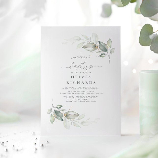 Moderne Elegante Grüne Taufe Einladung (Minimalist Greenery Elegant Baptism Invitations)