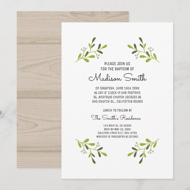 Moderne Elegante Grüne Taufe Einladung (Vorne/Hinten)
