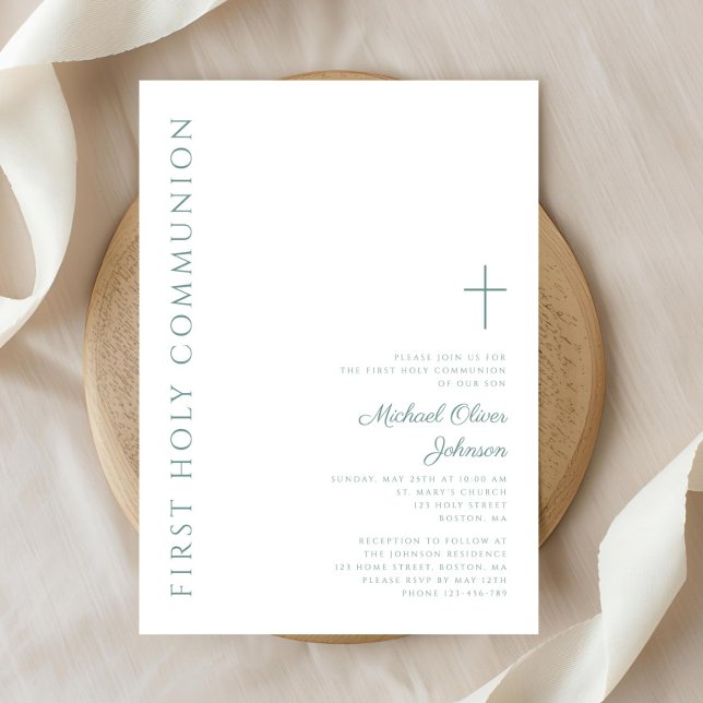 Moderne elegante Grünkreuz Erste Heilige Kommune Einladung (Modern Elegant Green Cross First Holy Communion Invitation)