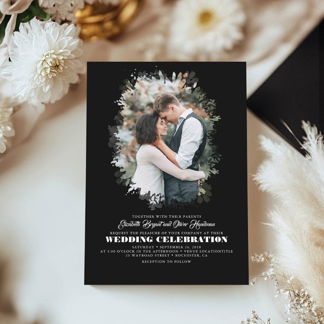 Moderne Elegante Grünpflanzen Foto Overlay Hochzei Einladung (Black Wedding Photo Invitations)