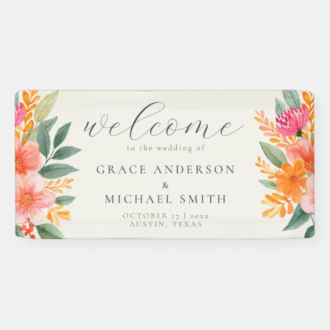 Moderne elegante, helle Blumenhochzeit Willkommen Banner (Horizontal)