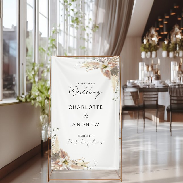 Moderne, elegante Hochzeit Banner (Modern, elegant, boho, "Welcome & Best Day Ever" white, soft colors, script font, wedding banner.)