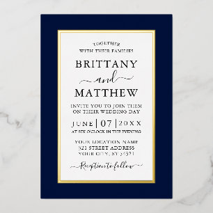 Moderne elegante Hochzeit Blau Gold Folieneinladung