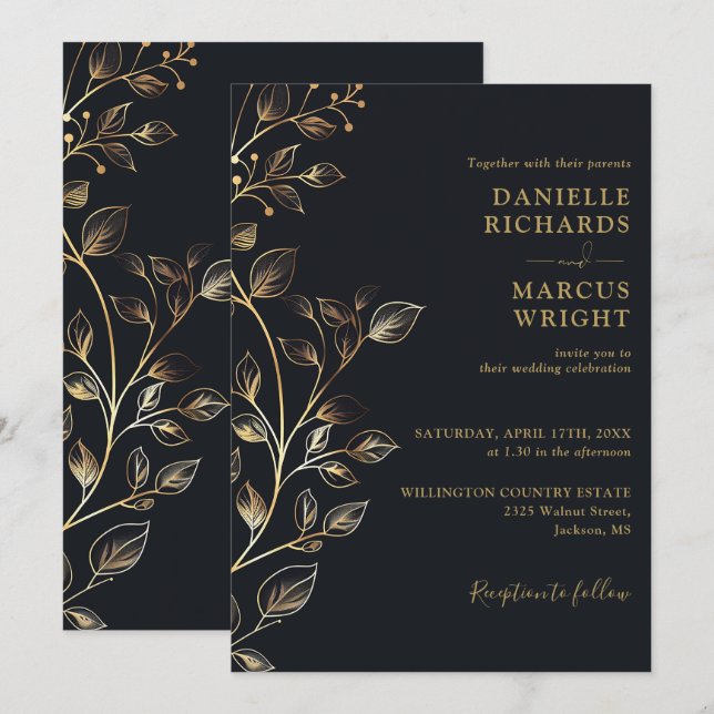 Moderne elegante Hochzeit der Black Gold Floral Einladung (Vorne/Hinten)