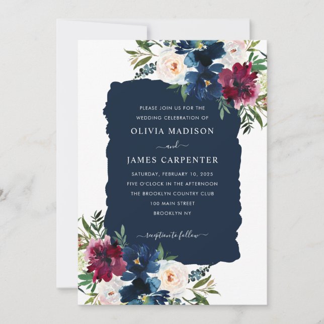 Moderne elegante Hochzeit der Blauen Burgunder Einladung (Vorderseite)