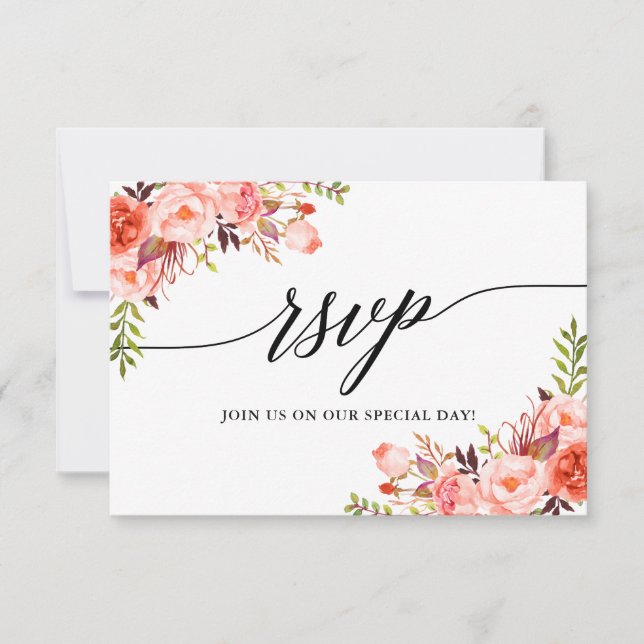 Moderne elegante Hochzeit der Coral Floral RSVP Karte (Vorderseite)