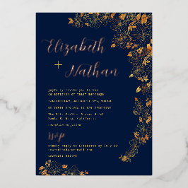 Moderne elegante Hochzeit der Gold Floral Navy Folieneinladung