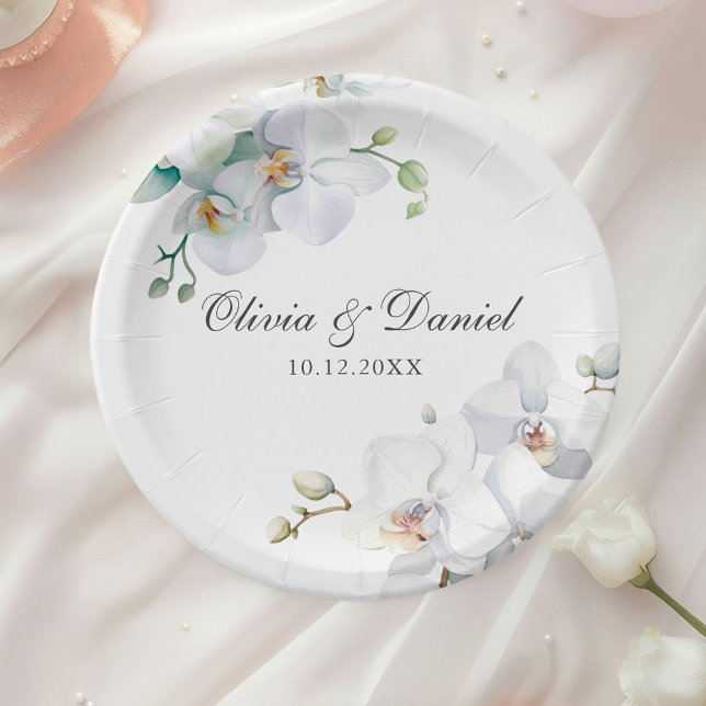 Moderne, elegante Hochzeit der Orchideen Pappteller (Modern Elegant White Orchid Wedding Paper Plates on a wedding place with a white rose.
)
