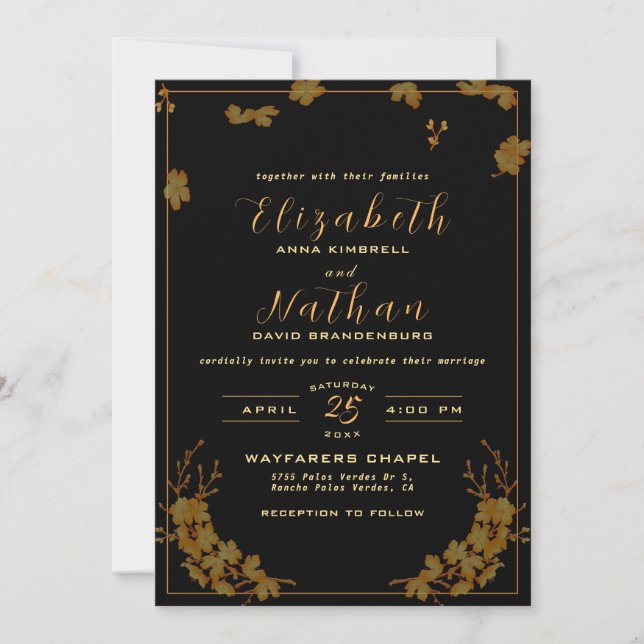 Moderne elegante Hochzeit der Schwarzen und golden Einladung (Vorderseite)