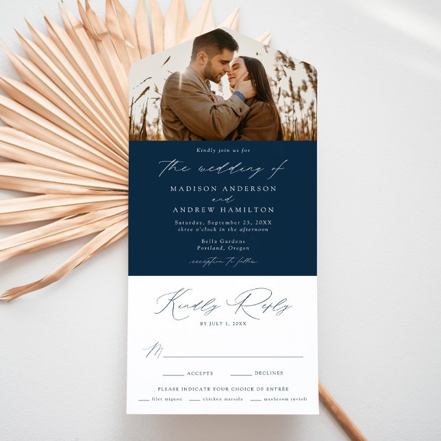 Moderne, elegante Hochzeit des Fotos der Marine All In One Einladung (Von Creator hochgeladen)