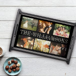 Moderne Elegante Hochzeit Foto Collage Chic Black Serviertablett<br><div class="desc">Dieses Custom Foto Collage Design bietet Ihre Hochzeitsfeiern in einem schönen 6-Frame-Layout mit moderner Typografie. Personalisieren Sie Ihre Lieblings-Fotos,  Familienname,  Vornamen und das Jahr für ein wirklich einzigartiges und elegantes Geschenk.</div>