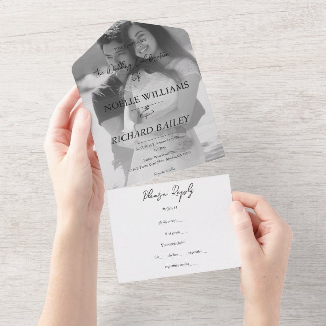 Moderne, elegante Hochzeit für Foto All In One Einladung (Abreißen)
