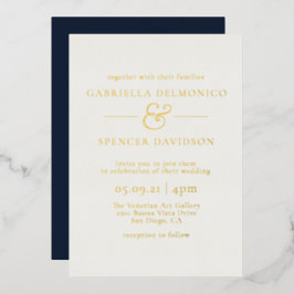 Moderne elegante Hochzeit in Blue Gold Folieneinladung