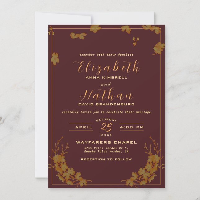 Moderne elegante Hochzeit in Burgund & Gold Einladung (Vorderseite)