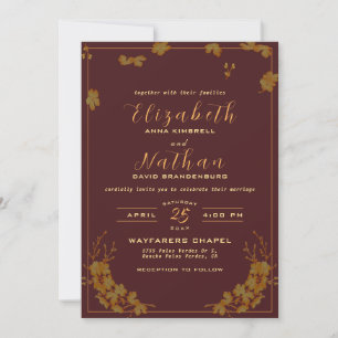 Moderne elegante Hochzeit in Burgund & Gold Einladung