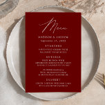 Moderne elegante Hochzeit in Burgund Menükarte<br><div class="desc">Einfaches und elegantes Hochzeitsmenü mit "Menü",  das in einem modernen weißen Skript mit bordeauxfarbenem Hintergrund oder Farbe Ihrer Wahl angezeigt wird. Personalisieren Sie das burgundische Hochzeitsmenü,  indem Sie Ihre Namen,  das Hochzeitdatum und Menüinformationen hinzufügen. Entworfen,  um mit unserer Hochzeitskollektion "Moderne Elegance" zu koordinieren.</div>