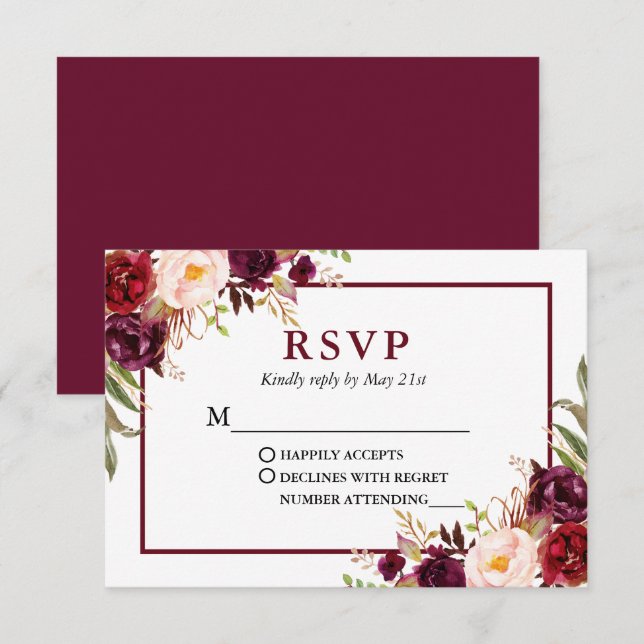 Moderne elegante Hochzeit in Burgund RSVP Karte (Vorne/Hinten)