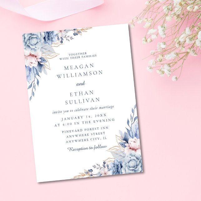 Moderne elegante Hochzeit mit Blauen Wasserfarben Einladung (Modern Elegant Chic Minimalist Winter Blue Floral Wedding Invitation)