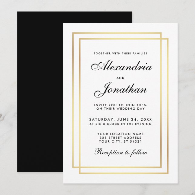Moderne Elegante Hochzeit Schwarz-weiß Gold Einlad Einladung (Vorne/Hinten)