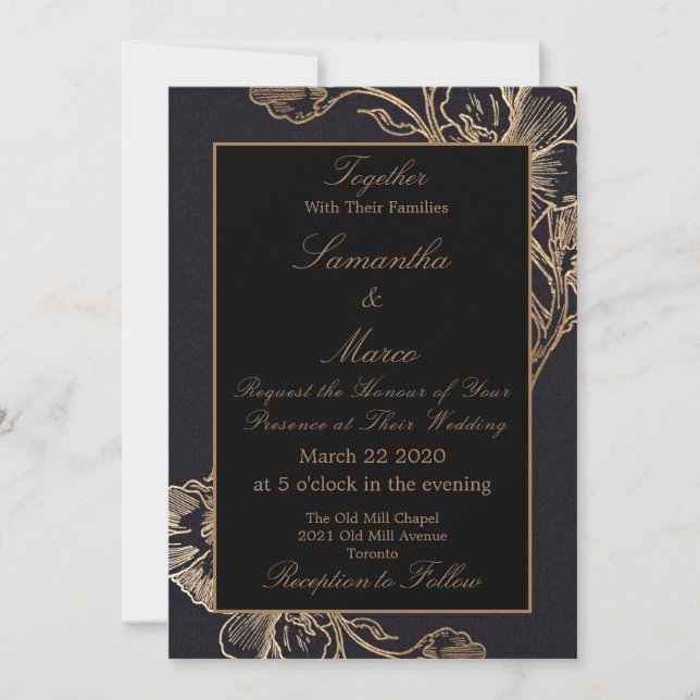 Moderne, elegante Hochzeit von Metal-Floral-Imitat Einladung (Vorderseite)