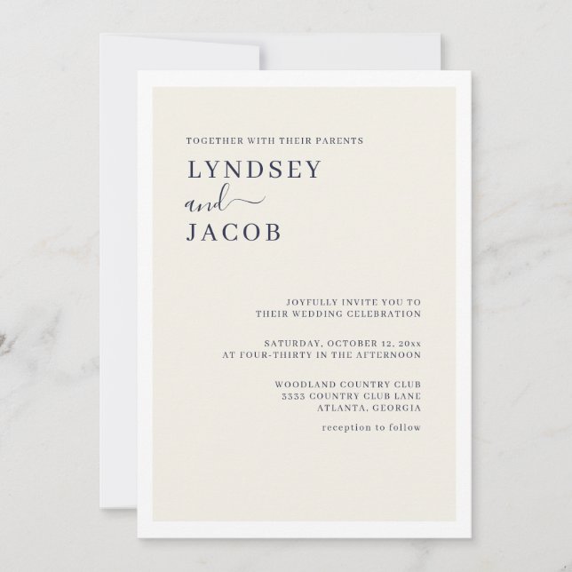 Moderne, elegante Hochzeit von Navy Blue und Cream Einladung (Vorderseite)