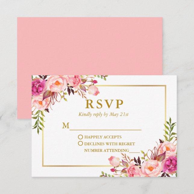 Moderne Elegante Hochzeit Wasserfarben Rosa Blüte RSVP Karte (Vorne/Hinten)