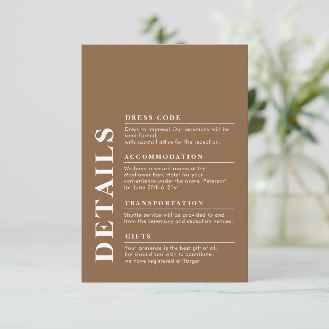 Moderne elegante Hochzeitdetails Dunkle Taupe Begleitkarte (Stehend Vorderseite)