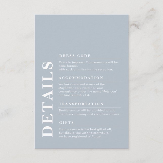 Moderne elegante Hochzeitdetails Dusty Blue Begleitkarte (Vorderseite)