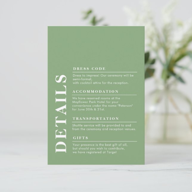 Moderne elegante Hochzeitdetails Pistachio Begleitkarte (Stehend Vorderseite)
