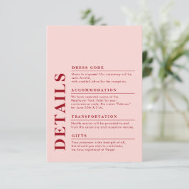 Moderne elegante Hochzeitdetails Rot und Rosa Begleitkarte
