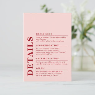 Moderne elegante Hochzeitdetails Rot und Rosa Begleitkarte