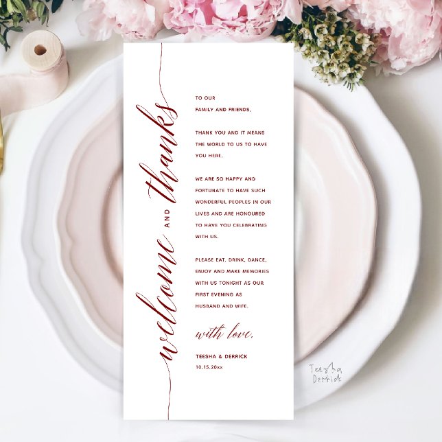Moderne elegante Hochzeitsdinner-Dankeskarten Programm (Modern Classy Wedding Reception Dinner Thank You Card, Bridal Shower in Burgundy Wine Red)