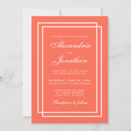 Moderne elegante Hochzeitskorallen und weiße Rahme Einladung