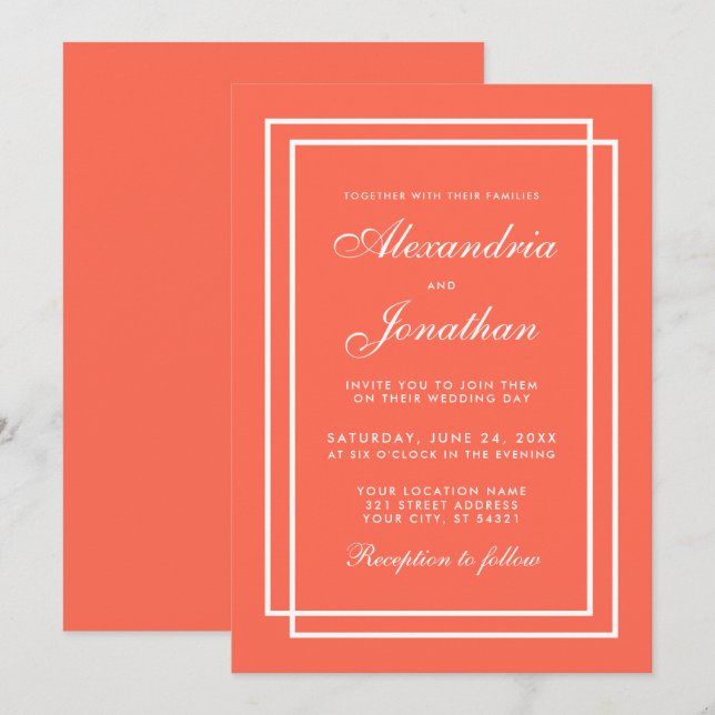 Moderne elegante Hochzeitskorallen und weiße Rahme Einladung (Vorne/Hinten)
