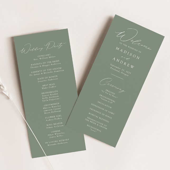 Moderne elegante Hochzeitsprogramm in Salbeigrün (Von Creator hochgeladen)