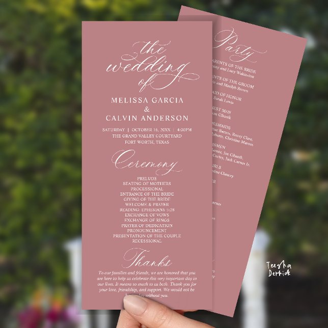 Moderne elegante Hochzeitszeremonie Programm (Modern Classy Elegant Romantic Wedding Ceremony Program Card in rose pink dusty)
