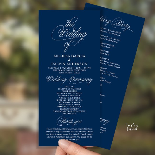 Moderne elegante Hochzeitszeremonie Programm (Modern Classy Elegant Wedding Ceremony Program Card in Navy Blue)