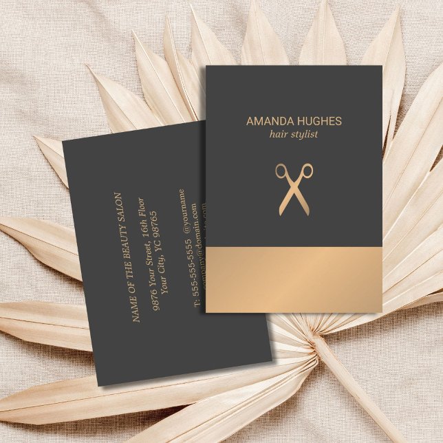 Moderne elegante Imitate Gold Gray Hair Stylist Visitenkarte (Von Creator hochgeladen)