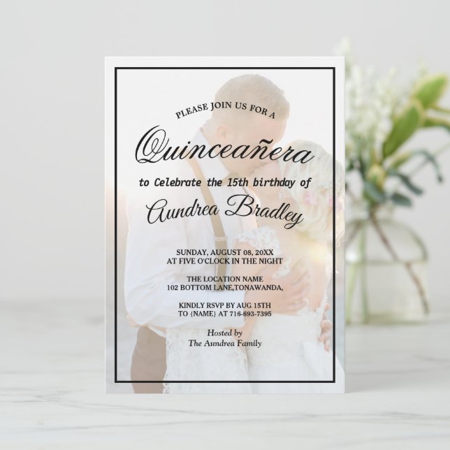 Moderne Elegante Imitats Vellum Overlay Foto Gebur Einladung (Stehend Vorderseite)