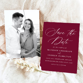 Moderne Elegante Kalligrafie Burgund Foto Hochzeit Save The Date