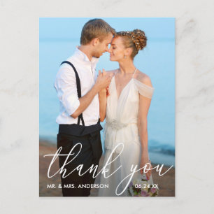 Moderne elegante Kalligrafie Foto Hochzeit Danke Postkarte