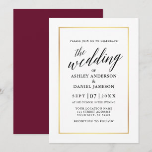 Moderne elegante Kalligrafie Hochzeit Burgundy Gol Einladung