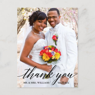 Moderne elegante Kalligrafie Hochzeit Foto Danke Postkarte