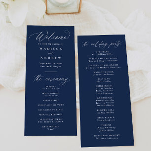Moderne Elegante Kalligrafie Navy Hochzeit Programm