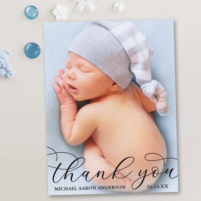 Moderne elegante Kalligrafie New Baby Danke B Postkarte (Customize to change your personalized text size or text style.)
