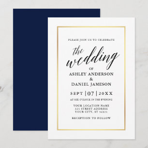Moderne elegante Kalligrafie Wedding Blue Gold Einladung